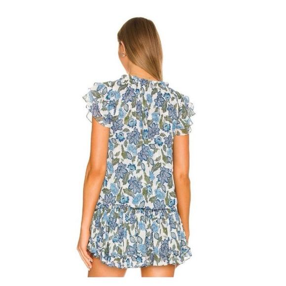 Revolve MISA Los Angeles Blue Green Floral Maria Ruffle Blouse Size Small - Picture 2 of 9